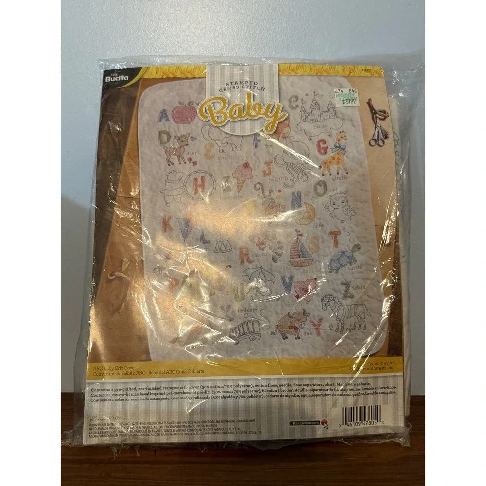 Bucilla ABC Stamped Cross Stitch Baby Crib Cover Kit 47805 White 34x43 Alphabet
